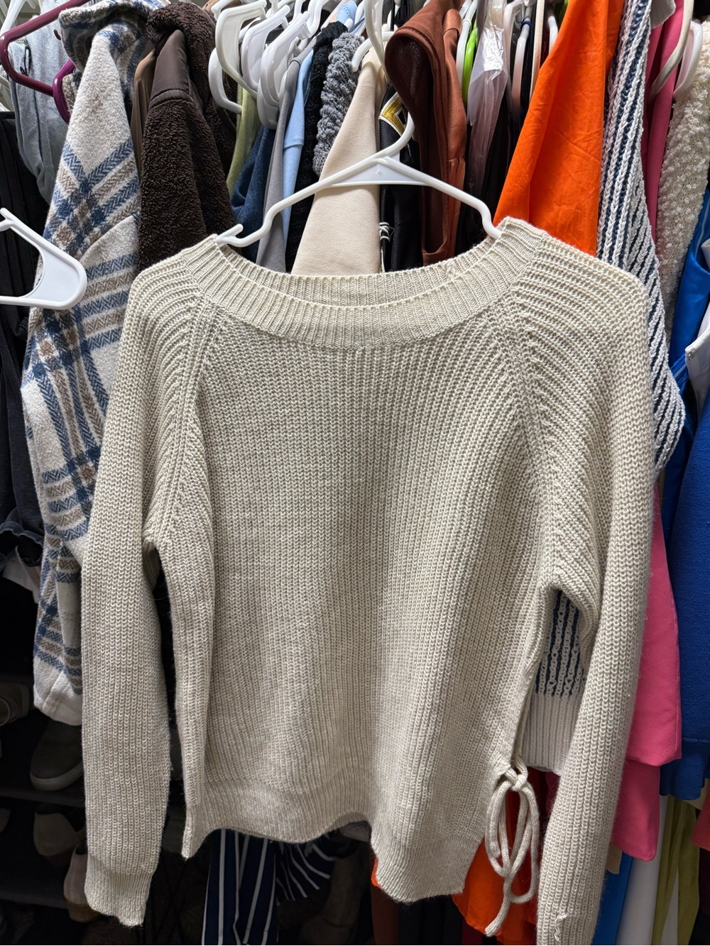SHEIN Cream Knit Crewneck Sweater with Side Tie